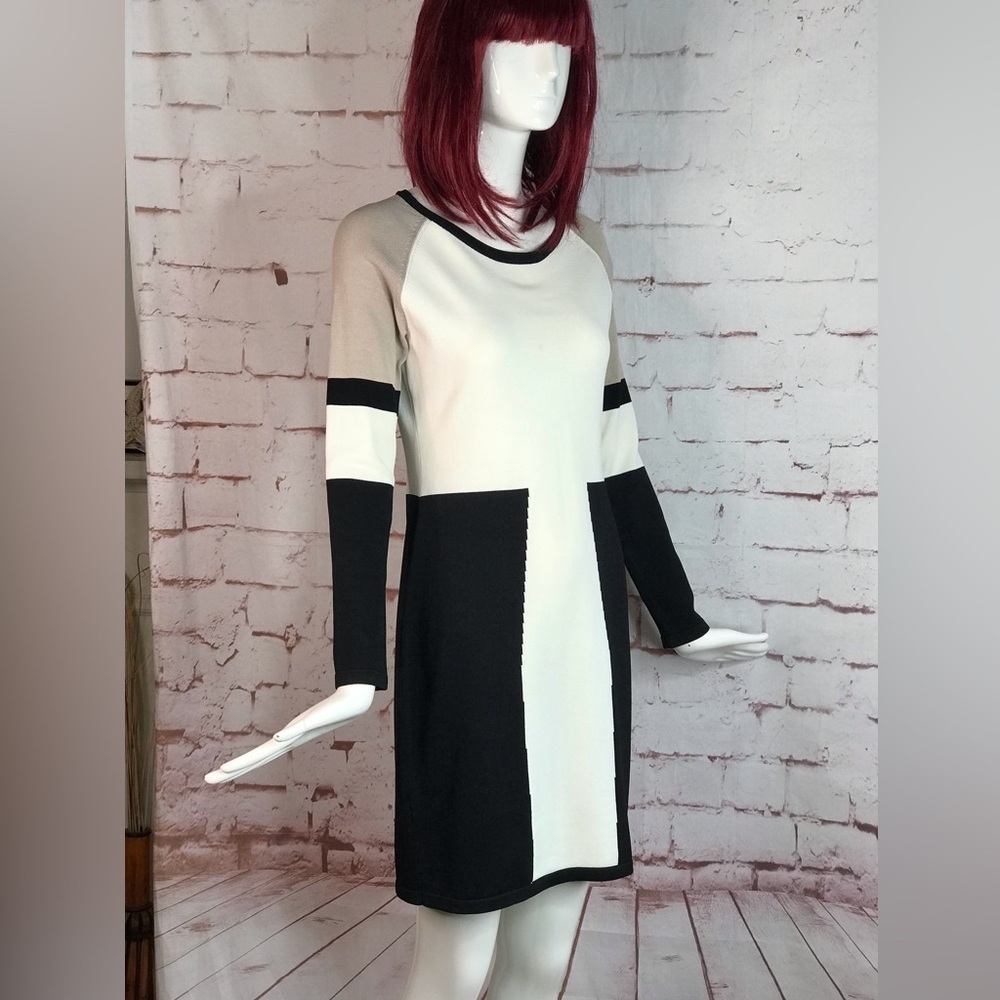 CALVIN KLEIN M Petite Colorblock Knit Long Sleeve Dress Black Taupe Cream MP - Picture 1 of 15